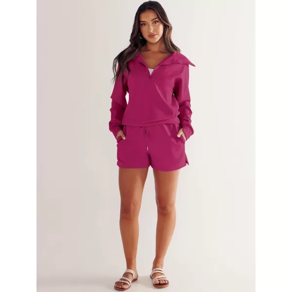 imageANRABESS Womens 2 Piece Outfits Oversized Half Zip Sweat Suits Short Sets 2023 Fall Comfy Sweatshirt Matching Lounge SetsRose