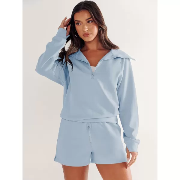 imageANRABESS Womens 2 Piece Outfits Oversized Half Zip Sweat Suits Short Sets 2023 Fall Comfy Sweatshirt Matching Lounge SetsSky