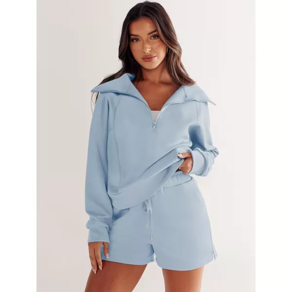 imageANRABESS Womens 2 Piece Outfits Oversized Half Zip Sweat Suits Short Sets 2023 Fall Comfy Sweatshirt Matching Lounge SetsSky
