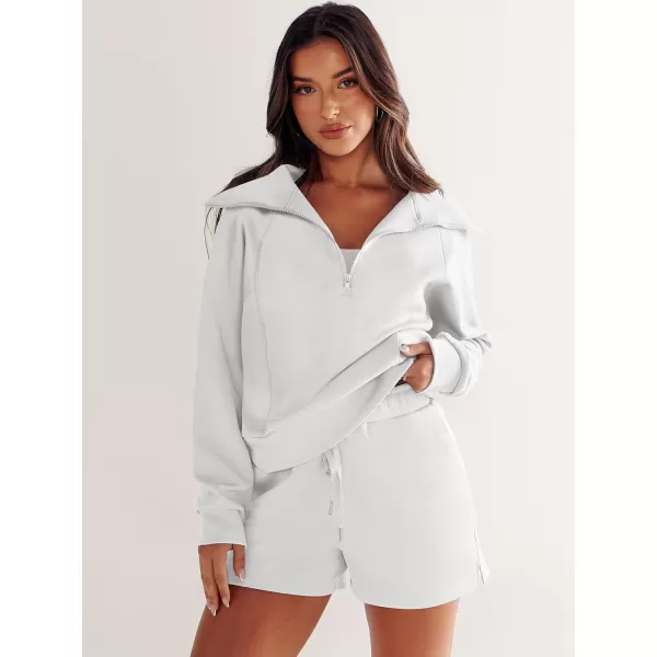 imageANRABESS Womens 2 Piece Outfits Oversized Half Zip Sweat Suits Short Sets 2023 Fall Comfy Sweatshirt Matching Lounge SetsWhite