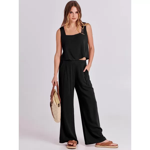 imageANRABESS Womens 2 Piece Outfits Square Neck Linen Tank Crop Top Wide Leg Pants Matching Lounge Set TracksuitBlack
