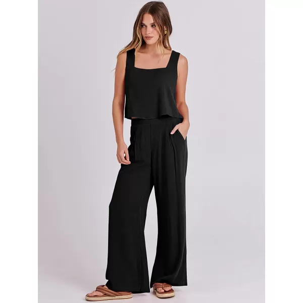 imageANRABESS Womens 2 Piece Outfits Square Neck Linen Tank Crop Top Wide Leg Pants Matching Lounge Set TracksuitBlack