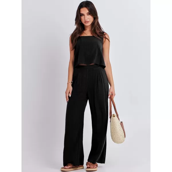 imageANRABESS Womens 2 Piece Outfits Square Neck Linen Tank Crop Top Wide Leg Pants Matching Lounge Set TracksuitBlack