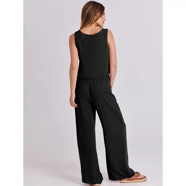 imageANRABESS Womens 2 Piece Outfits Square Neck Linen Tank Crop Top Wide Leg Pants Matching Lounge Set TracksuitBlack