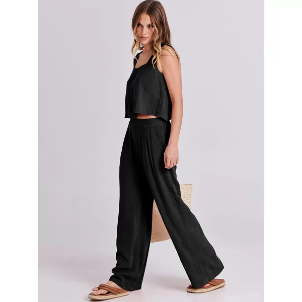imageANRABESS Womens 2 Piece Outfits Square Neck Linen Tank Crop Top Wide Leg Pants Matching Lounge Set TracksuitBlack