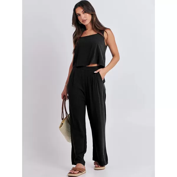 imageANRABESS Womens 2 Piece Outfits Square Neck Linen Tank Crop Top Wide Leg Pants Matching Lounge Set TracksuitBlack