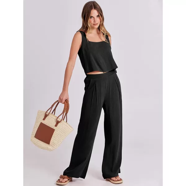 imageANRABESS Womens 2 Piece Outfits Square Neck Linen Tank Crop Top Wide Leg Pants Matching Lounge Set TracksuitBlack