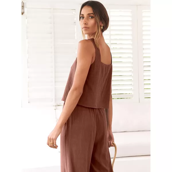imageANRABESS Womens 2 Piece Outfits Square Neck Linen Tank Crop Top Wide Leg Pants Matching Lounge Set TracksuitBrown