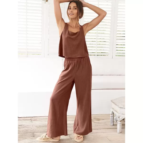 imageANRABESS Womens 2 Piece Outfits Square Neck Linen Tank Crop Top Wide Leg Pants Matching Lounge Set TracksuitBrown
