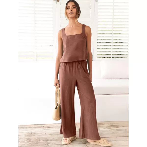 imageANRABESS Womens 2 Piece Outfits Square Neck Linen Tank Crop Top Wide Leg Pants Matching Lounge Set TracksuitBrown