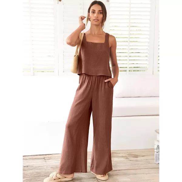 imageANRABESS Womens 2 Piece Outfits Square Neck Linen Tank Crop Top Wide Leg Pants Matching Lounge Set TracksuitBrown