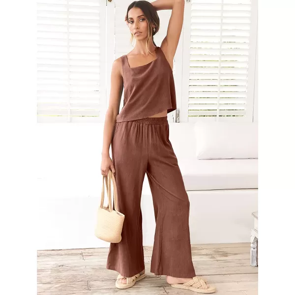 imageANRABESS Womens 2 Piece Outfits Square Neck Linen Tank Crop Top Wide Leg Pants Matching Lounge Set TracksuitBrown