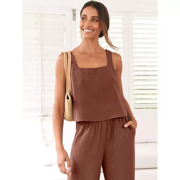 imageANRABESS Womens 2 Piece Outfits Square Neck Linen Tank Crop Top Wide Leg Pants Matching Lounge Set TracksuitBrown