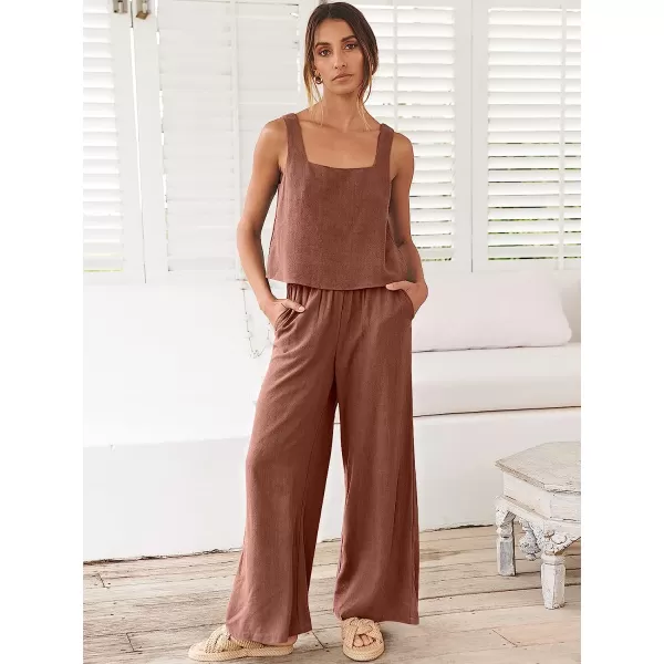 imageANRABESS Womens 2 Piece Outfits Square Neck Linen Tank Crop Top Wide Leg Pants Matching Lounge Set TracksuitBrown