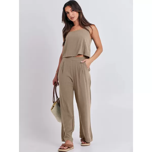 imageANRABESS Womens 2 Piece Outfits Square Neck Linen Tank Crop Top Wide Leg Pants Matching Lounge Set TracksuitKhaki