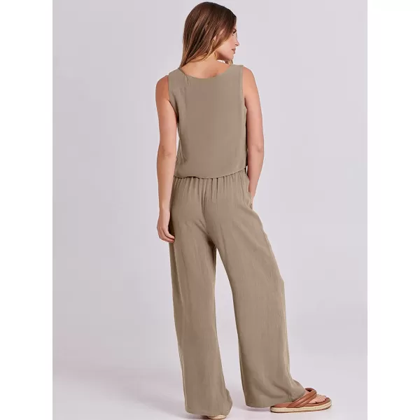 imageANRABESS Womens 2 Piece Outfits Square Neck Linen Tank Crop Top Wide Leg Pants Matching Lounge Set TracksuitKhaki