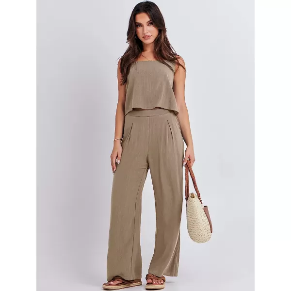imageANRABESS Womens 2 Piece Outfits Square Neck Linen Tank Crop Top Wide Leg Pants Matching Lounge Set TracksuitKhaki