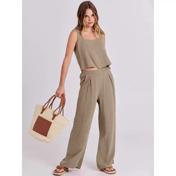imageANRABESS Womens 2 Piece Outfits Square Neck Linen Tank Crop Top Wide Leg Pants Matching Lounge Set TracksuitKhaki