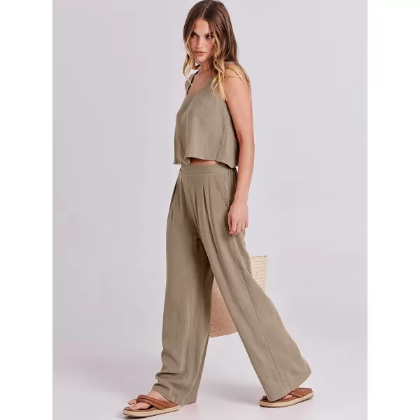imageANRABESS Womens 2 Piece Outfits Square Neck Linen Tank Crop Top Wide Leg Pants Matching Lounge Set TracksuitKhaki