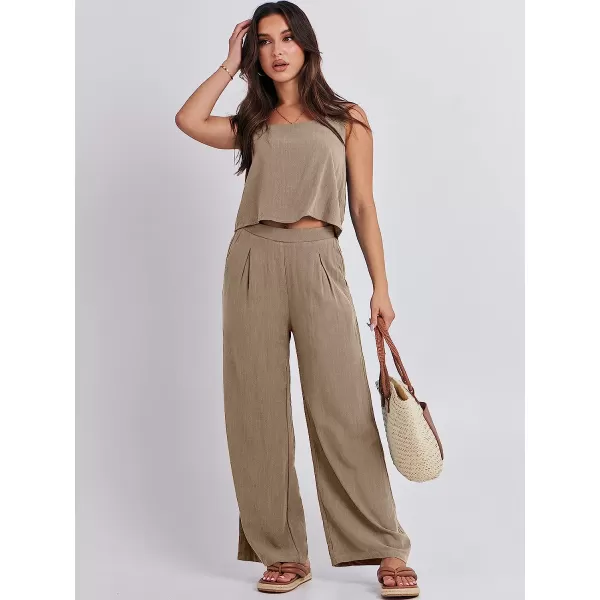 imageANRABESS Womens 2 Piece Outfits Square Neck Linen Tank Crop Top Wide Leg Pants Matching Lounge Set TracksuitKhaki
