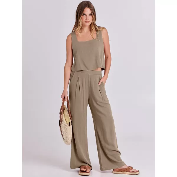 imageANRABESS Womens 2 Piece Outfits Square Neck Linen Tank Crop Top Wide Leg Pants Matching Lounge Set TracksuitKhaki
