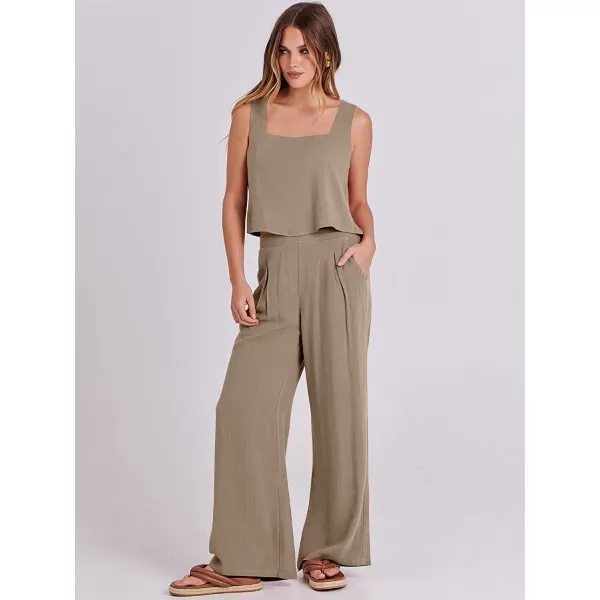 imageANRABESS Womens 2 Piece Outfits Square Neck Linen Tank Crop Top Wide Leg Pants Matching Lounge Set TracksuitKhaki