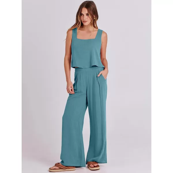 imageANRABESS Womens 2 Piece Outfits Square Neck Linen Tank Crop Top Wide Leg Pants Matching Lounge Set TracksuitLake