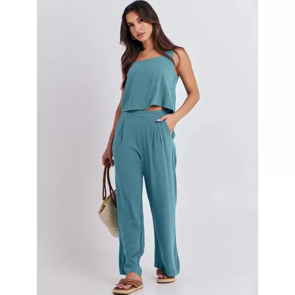 imageANRABESS Womens 2 Piece Outfits Square Neck Linen Tank Crop Top Wide Leg Pants Matching Lounge Set TracksuitLake