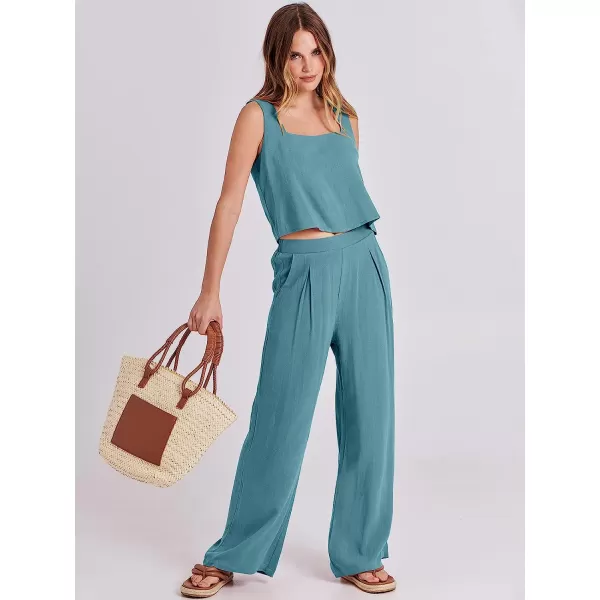imageANRABESS Womens 2 Piece Outfits Square Neck Linen Tank Crop Top Wide Leg Pants Matching Lounge Set TracksuitLake