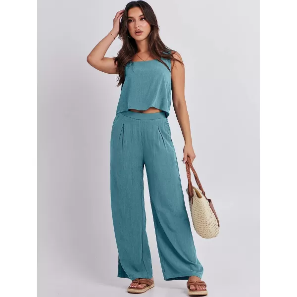 imageANRABESS Womens 2 Piece Outfits Square Neck Linen Tank Crop Top Wide Leg Pants Matching Lounge Set TracksuitLake
