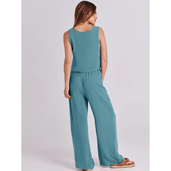 imageANRABESS Womens 2 Piece Outfits Square Neck Linen Tank Crop Top Wide Leg Pants Matching Lounge Set TracksuitLake