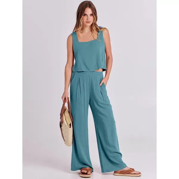 imageANRABESS Womens 2 Piece Outfits Square Neck Linen Tank Crop Top Wide Leg Pants Matching Lounge Set TracksuitLake