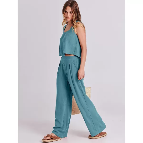 imageANRABESS Womens 2 Piece Outfits Square Neck Linen Tank Crop Top Wide Leg Pants Matching Lounge Set TracksuitLake