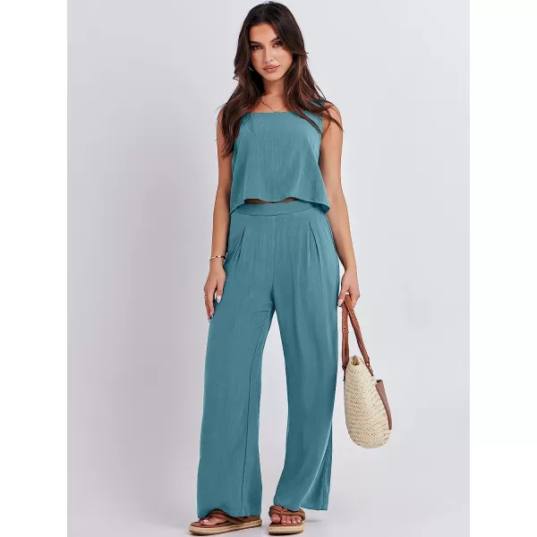imageANRABESS Womens 2 Piece Outfits Square Neck Linen Tank Crop Top Wide Leg Pants Matching Lounge Set TracksuitLake