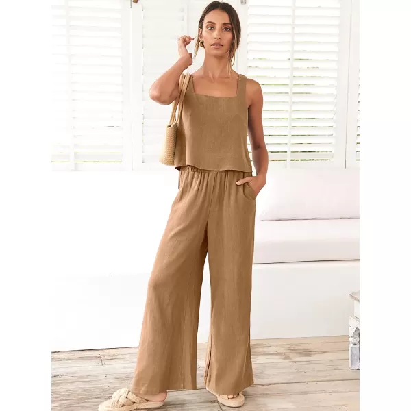 imageANRABESS Womens 2 Piece Outfits Square Neck Linen Tank Crop Top Wide Leg Pants Matching Lounge Set TracksuitLight Brown