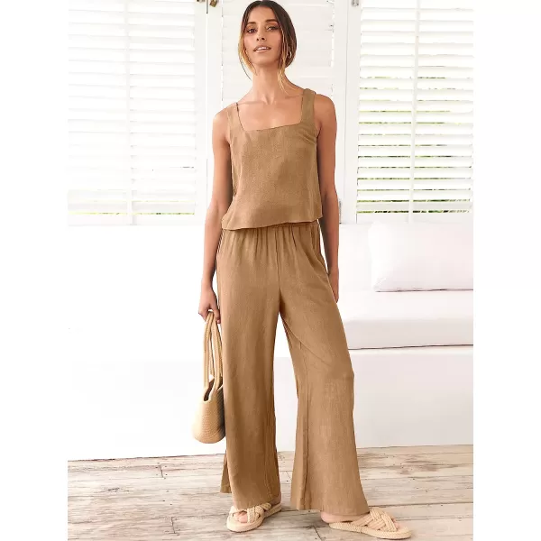 imageANRABESS Womens 2 Piece Outfits Square Neck Linen Tank Crop Top Wide Leg Pants Matching Lounge Set TracksuitLight Brown