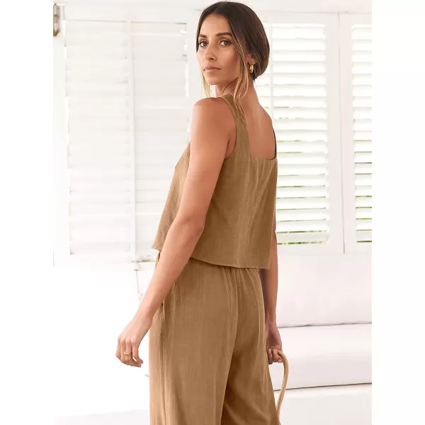 imageANRABESS Womens 2 Piece Outfits Square Neck Linen Tank Crop Top Wide Leg Pants Matching Lounge Set TracksuitLight Brown