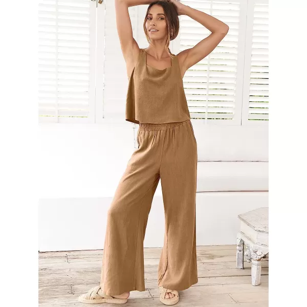 imageANRABESS Womens 2 Piece Outfits Square Neck Linen Tank Crop Top Wide Leg Pants Matching Lounge Set TracksuitLight Brown