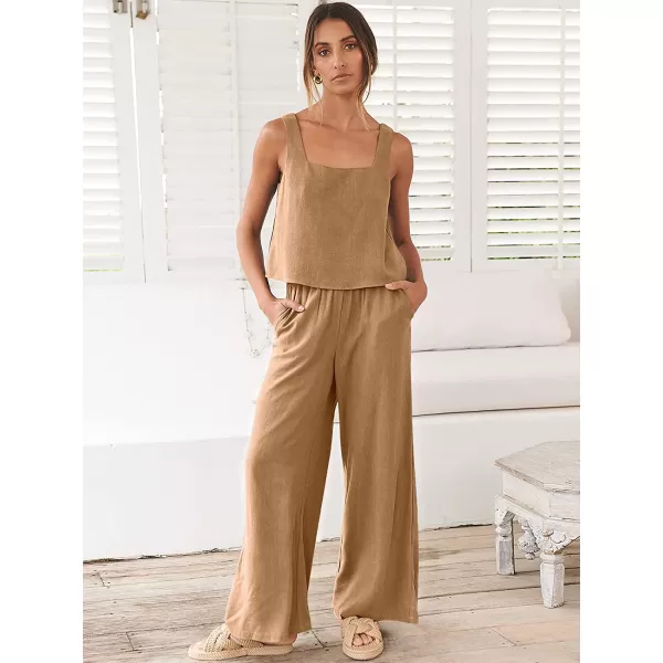 imageANRABESS Womens 2 Piece Outfits Square Neck Linen Tank Crop Top Wide Leg Pants Matching Lounge Set TracksuitLight Brown