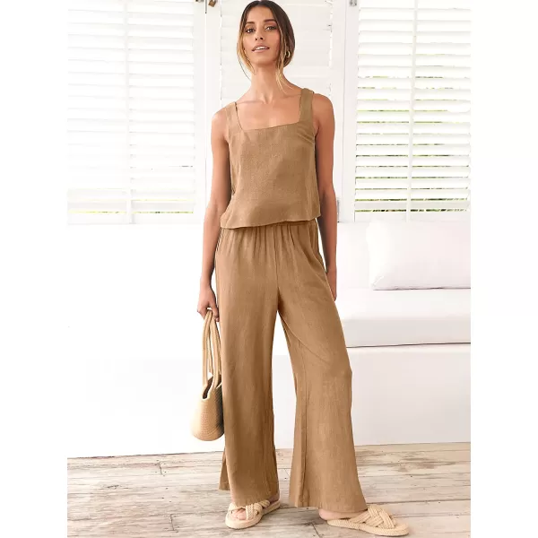imageANRABESS Womens 2 Piece Outfits Square Neck Linen Tank Crop Top Wide Leg Pants Matching Lounge Set TracksuitLight Brown