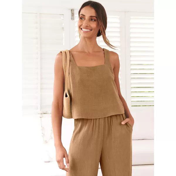 imageANRABESS Womens 2 Piece Outfits Square Neck Linen Tank Crop Top Wide Leg Pants Matching Lounge Set TracksuitLight Brown