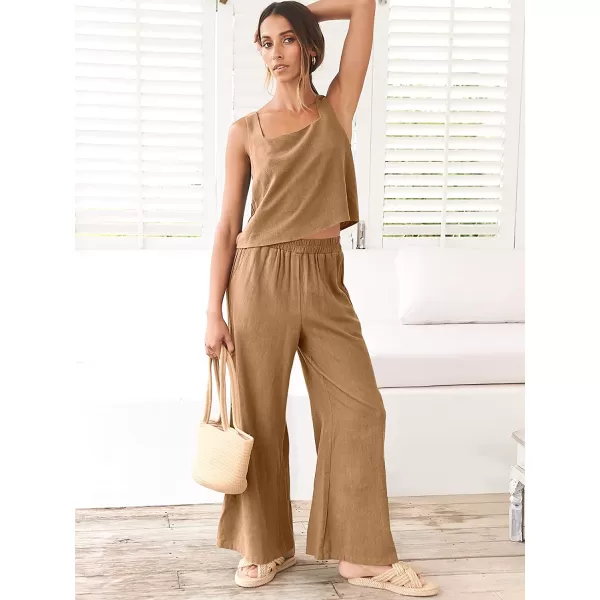 imageANRABESS Womens 2 Piece Outfits Square Neck Linen Tank Crop Top Wide Leg Pants Matching Lounge Set TracksuitLight Brown