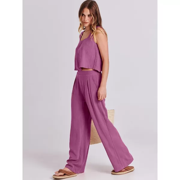 imageANRABESS Womens 2 Piece Outfits Square Neck Linen Tank Crop Top Wide Leg Pants Matching Lounge Set TracksuitRose