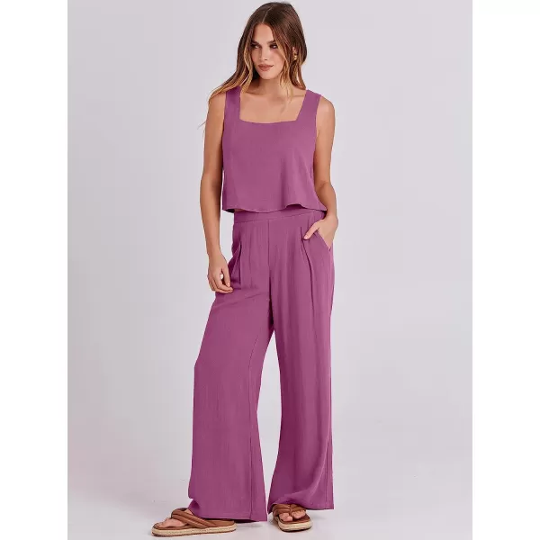 imageANRABESS Womens 2 Piece Outfits Square Neck Linen Tank Crop Top Wide Leg Pants Matching Lounge Set TracksuitRose