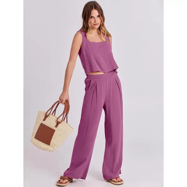 imageANRABESS Womens 2 Piece Outfits Square Neck Linen Tank Crop Top Wide Leg Pants Matching Lounge Set TracksuitRose