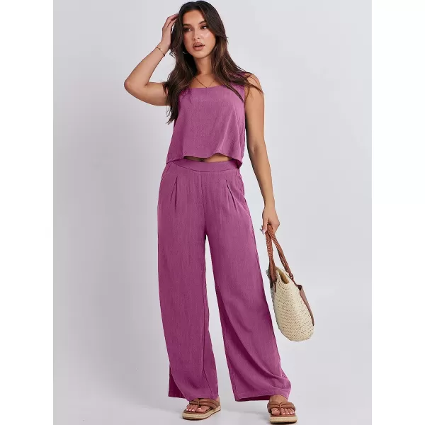 imageANRABESS Womens 2 Piece Outfits Square Neck Linen Tank Crop Top Wide Leg Pants Matching Lounge Set TracksuitRose