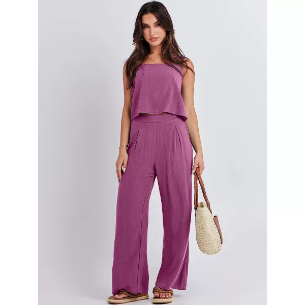 imageANRABESS Womens 2 Piece Outfits Square Neck Linen Tank Crop Top Wide Leg Pants Matching Lounge Set TracksuitRose