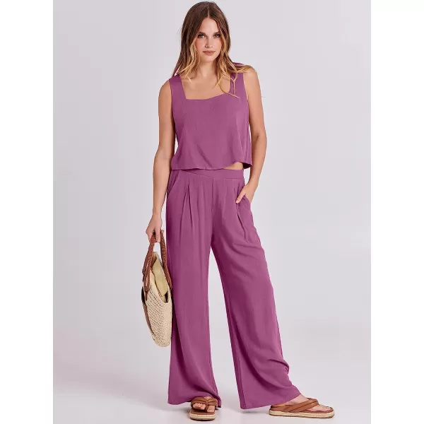 imageANRABESS Womens 2 Piece Outfits Square Neck Linen Tank Crop Top Wide Leg Pants Matching Lounge Set TracksuitRose