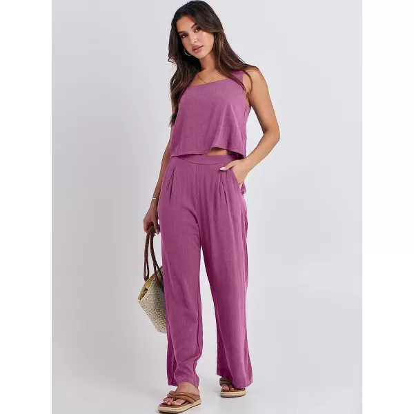 imageANRABESS Womens 2 Piece Outfits Square Neck Linen Tank Crop Top Wide Leg Pants Matching Lounge Set TracksuitRose
