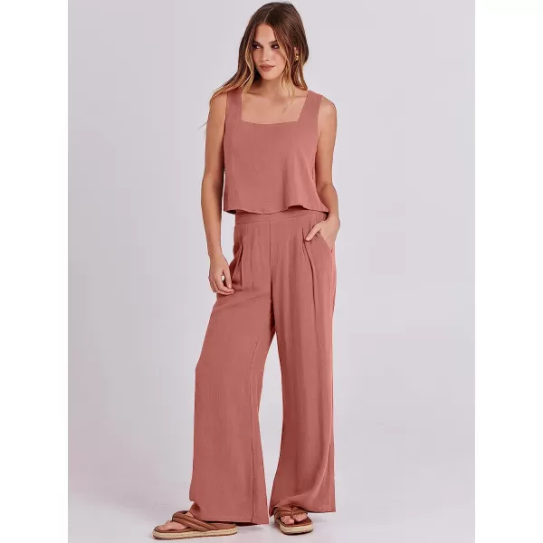 imageANRABESS Womens 2 Piece Outfits Square Neck Linen Tank Crop Top Wide Leg Pants Matching Lounge Set TracksuitRust